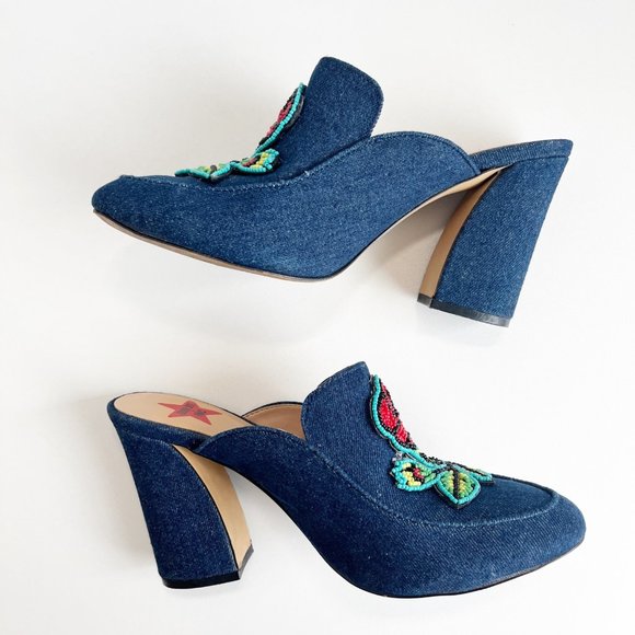 Anna Sui x INC | Denim Beaded Floral Rose Heeled Mules | 7.5 - Picture 4 of 8